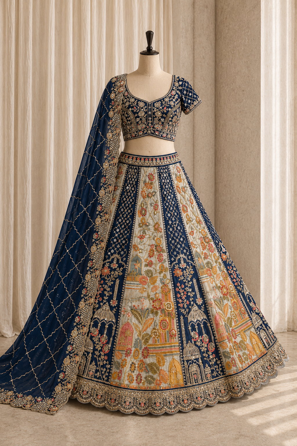 Beautiful Dupion Silk Fabric and Navy Blue Color Kasab Work Lehenga Choli