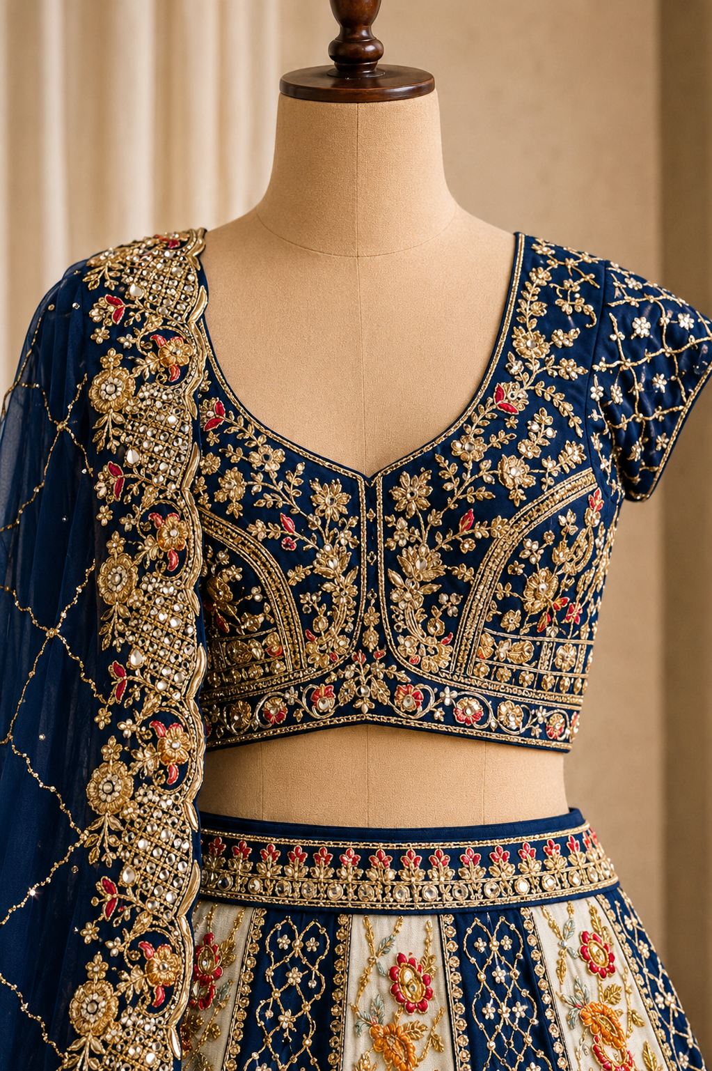 Beautiful Dupion Silk Fabric and Navy Blue Color Kasab Work Lehenga Choli