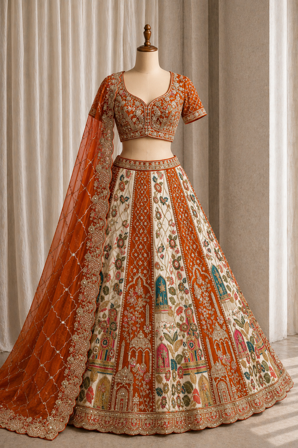 Fantabulous Art Silk Fabric and Rust Color Zari Work Lehenga Choli