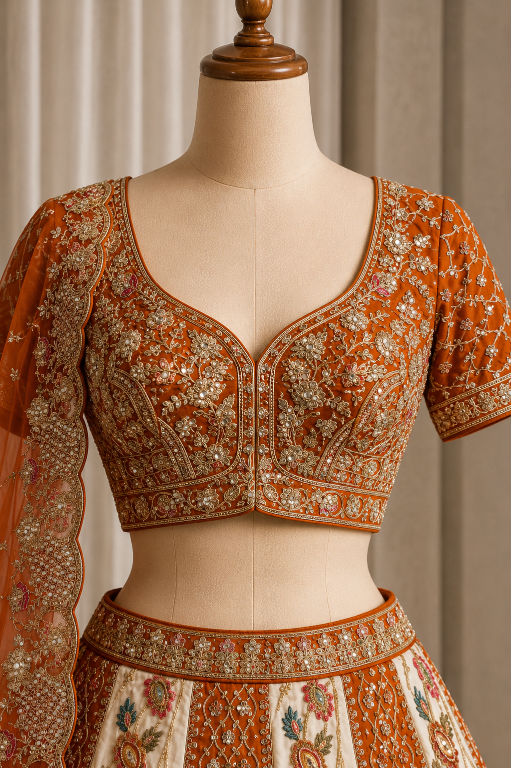 Fantabulous Art Silk Fabric and Rust Color Zari Work Lehenga Choli