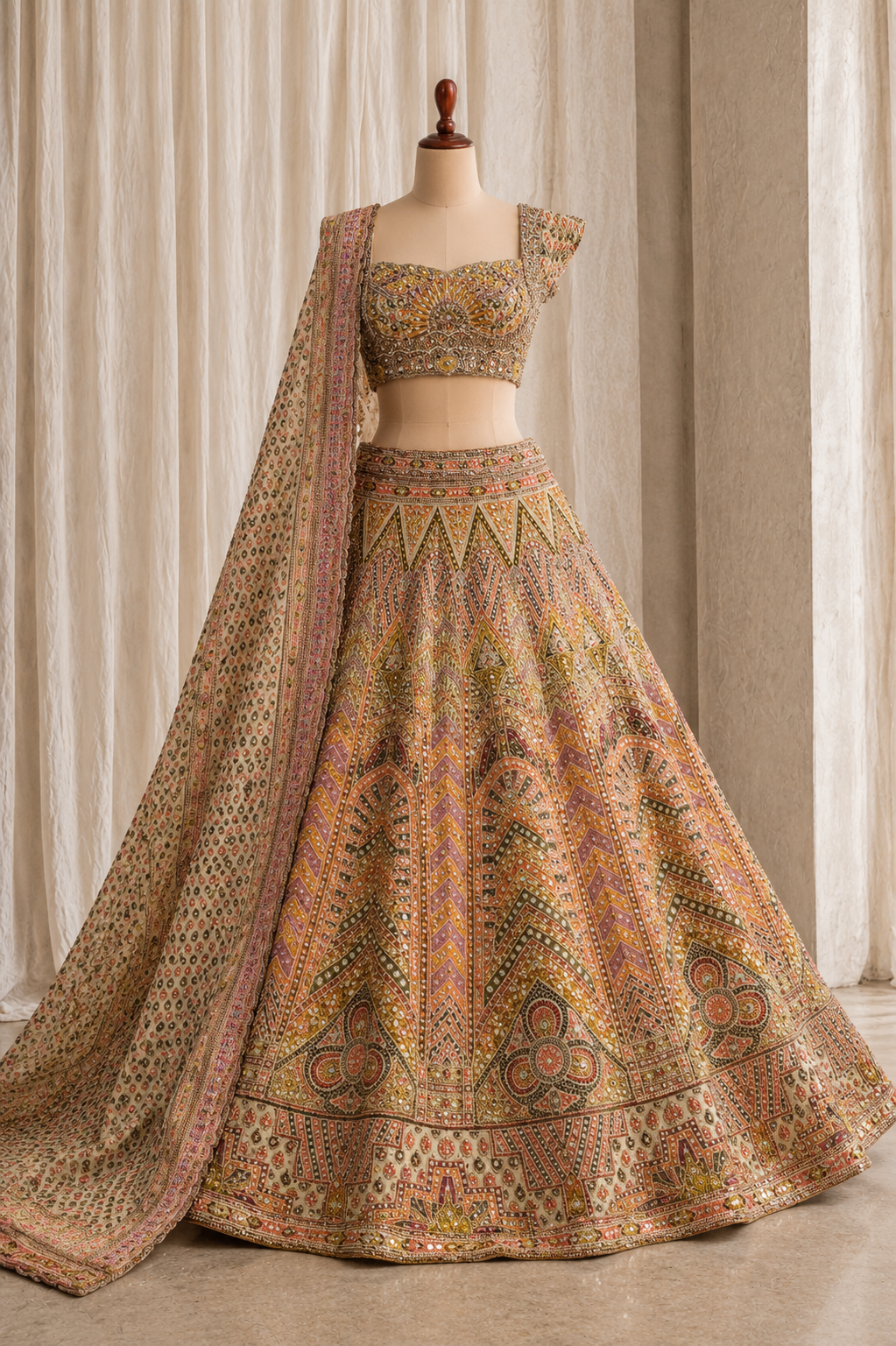 Exceptional Tissue Silk Fabric and Beige Color Kundan Work Lehenga Choli