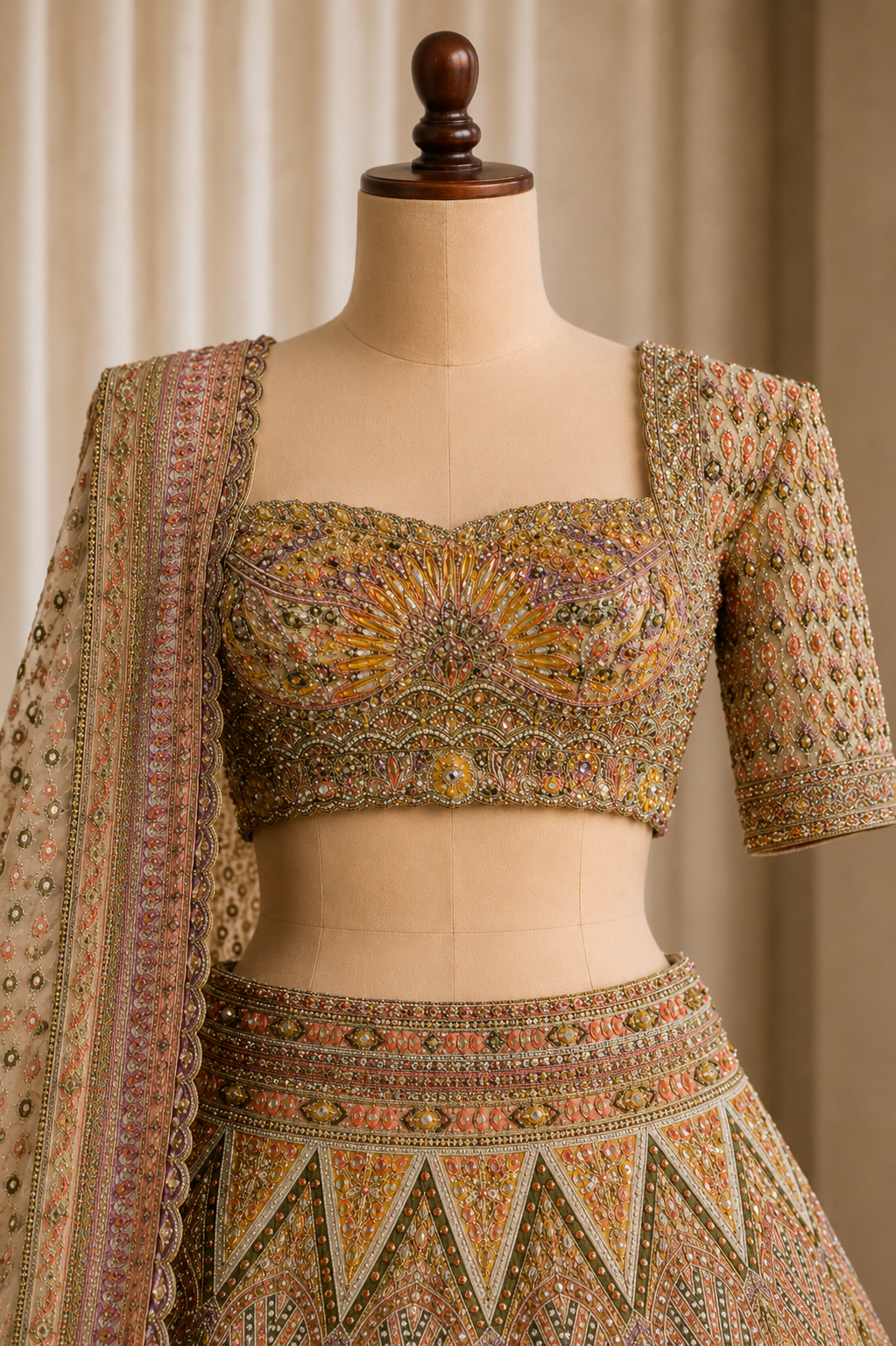 Exceptional Tissue Silk Fabric and Beige Color Kundan Work Lehenga Choli