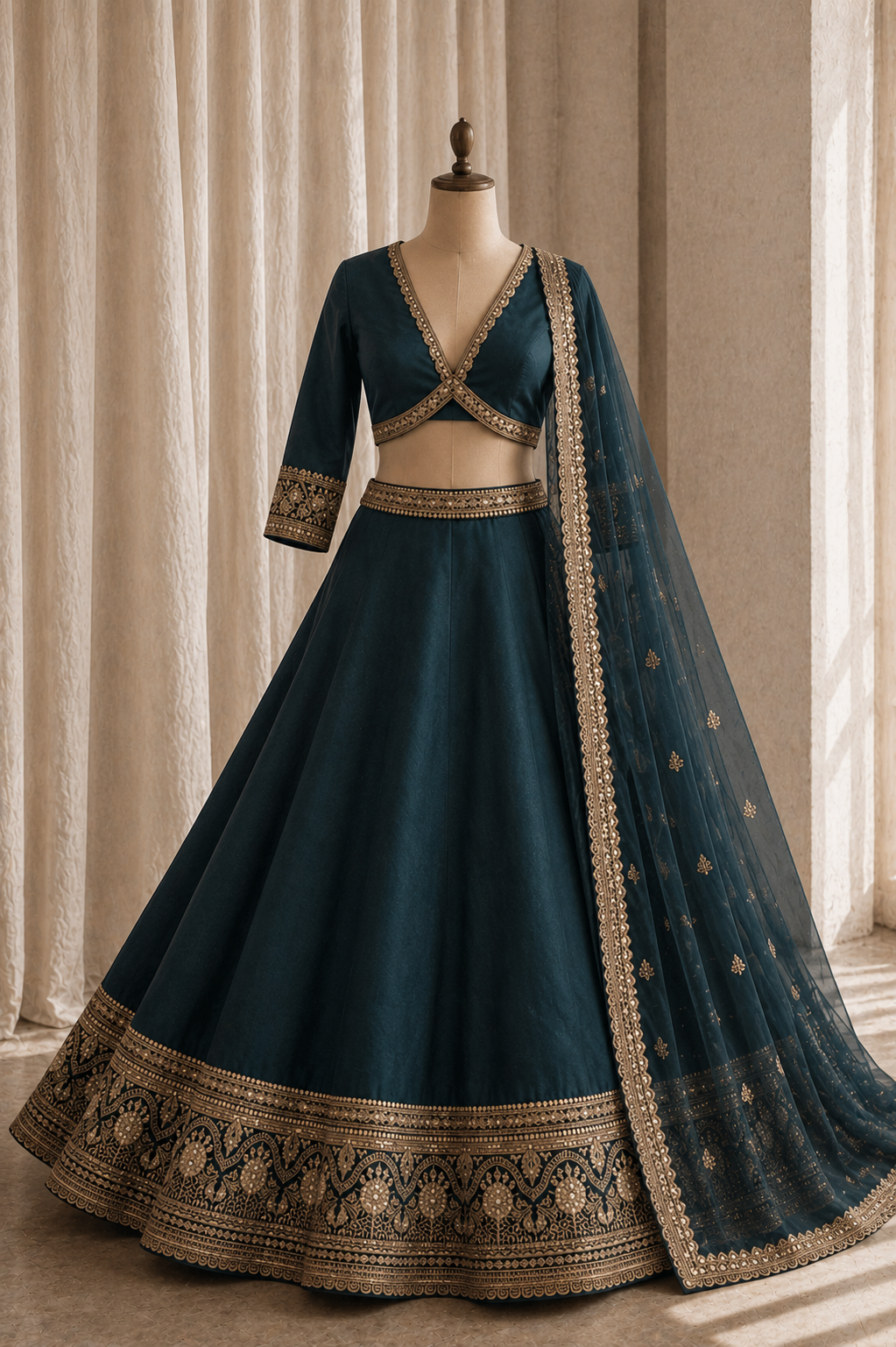 Quality Taffeta Silk Fabric and Rama Green Color Zari Work Lehenga Choli