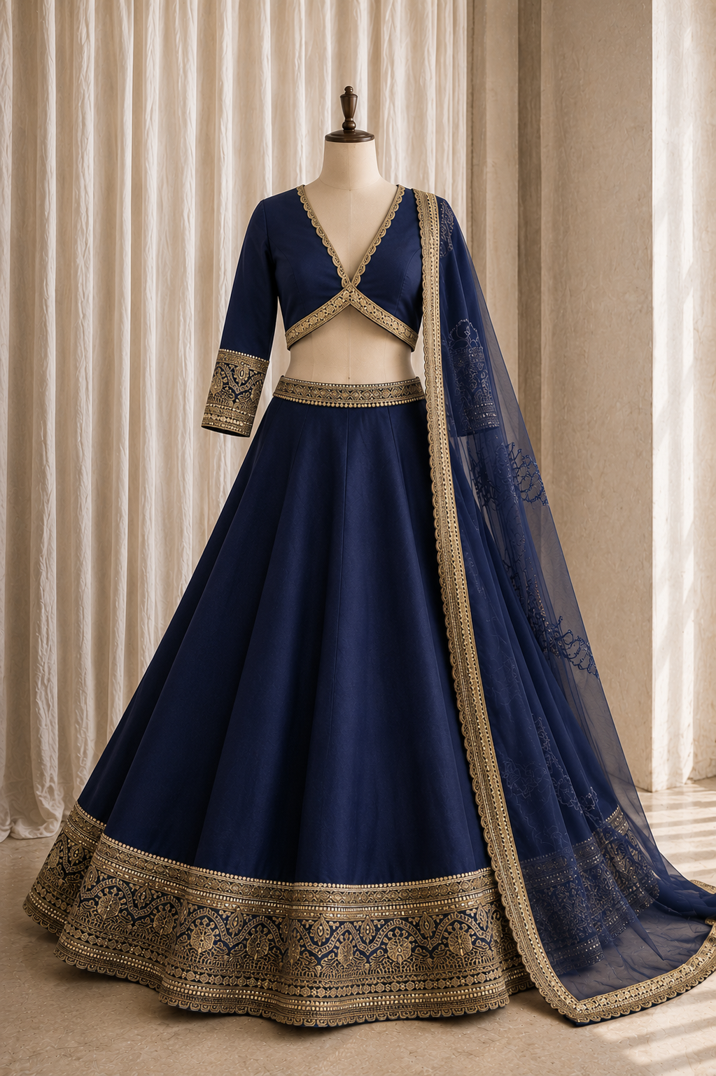 Superb Taffeta Silk Fabric and Navy Blue Color Zari Work Lehenga Choli
