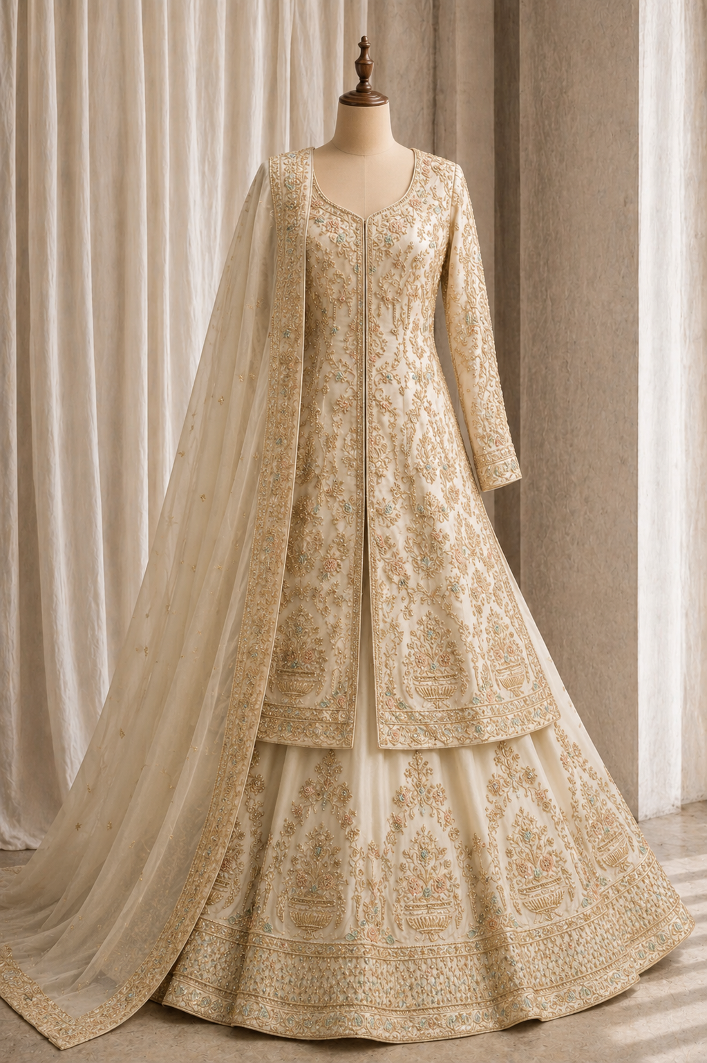 Awesome Organza Fabric and Off-White Color Zardozi Work Indo-Western