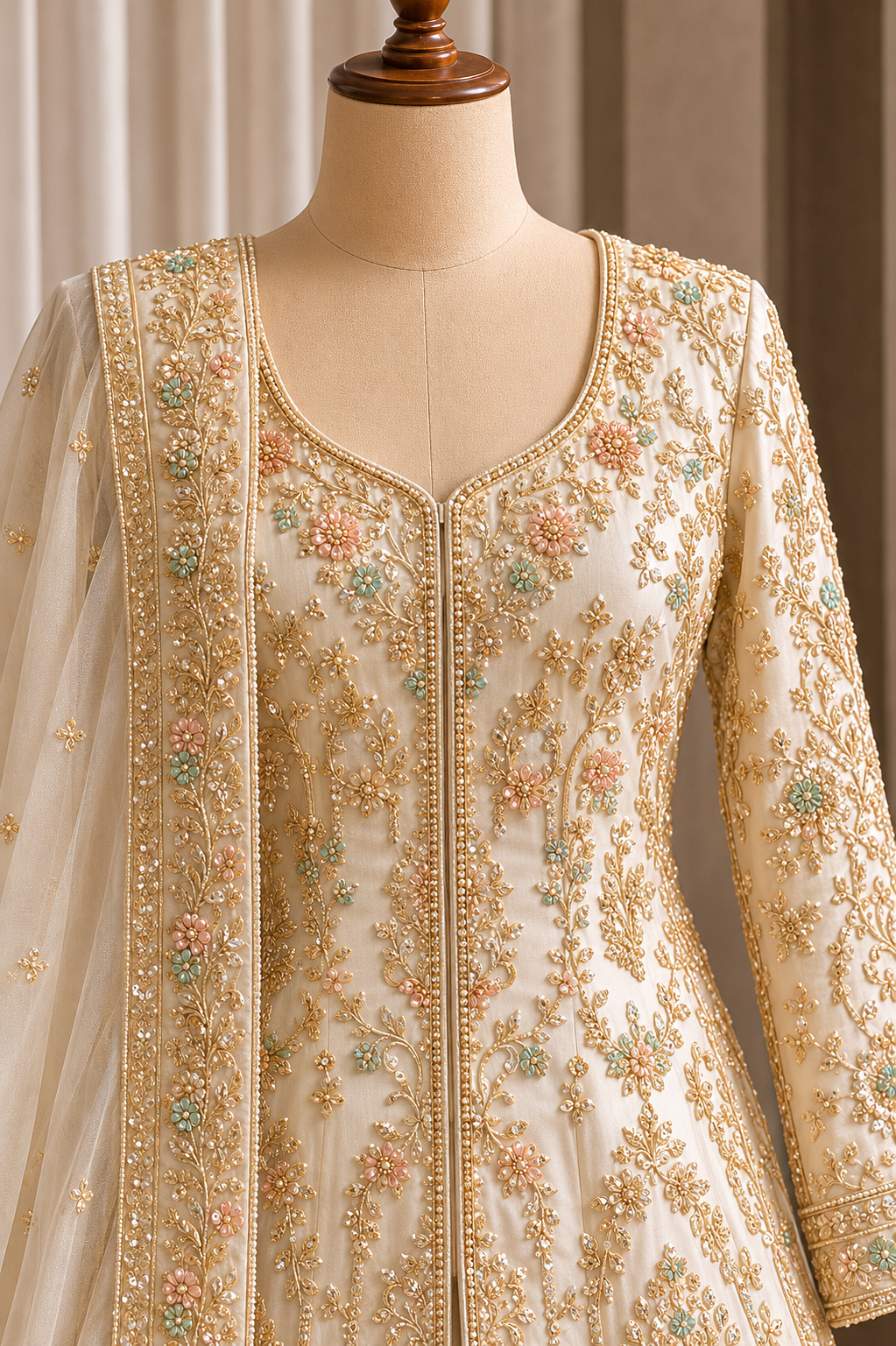 Awesome Organza Fabric and Off-White Color Zardozi Work Indo-Western