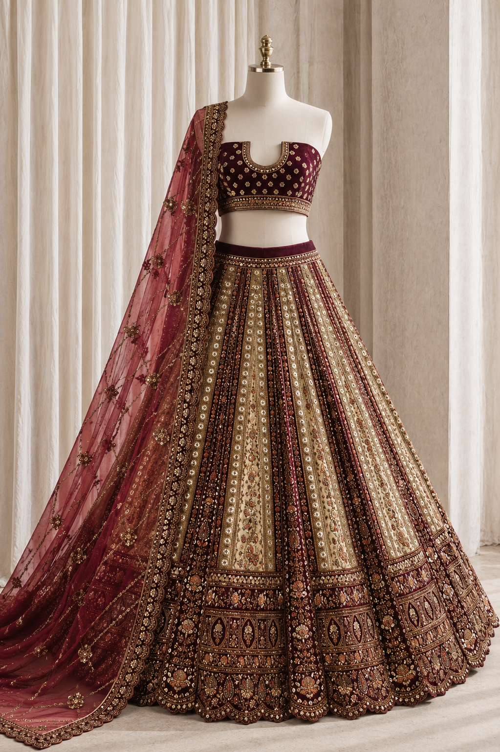 Wonderful Banarasi Silk Maroon & Beige Color Sequins Work Lehenga Choli
