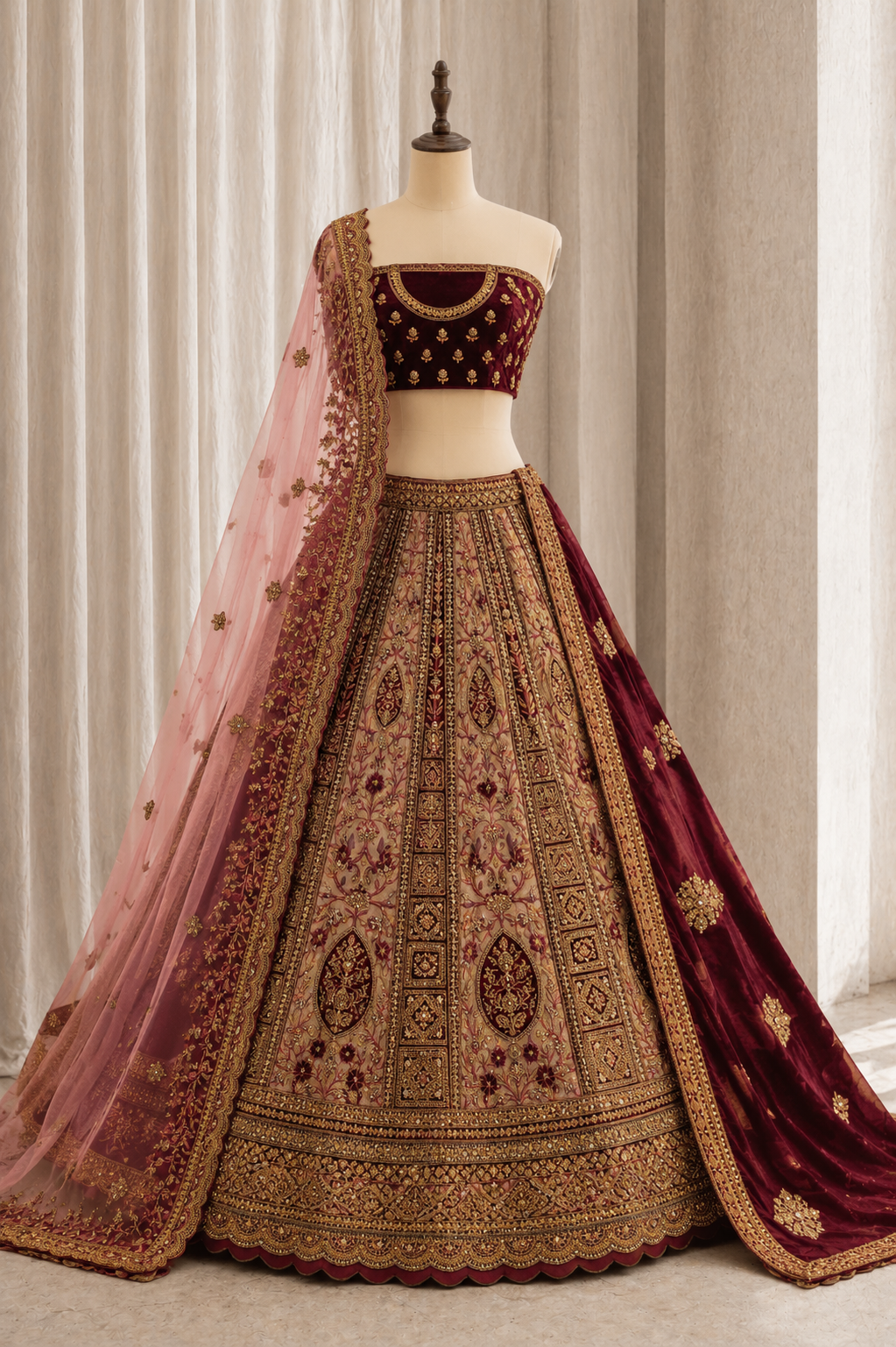 Glamorous Dupion Silk Maroon Color Thread Work Lehenga Choli