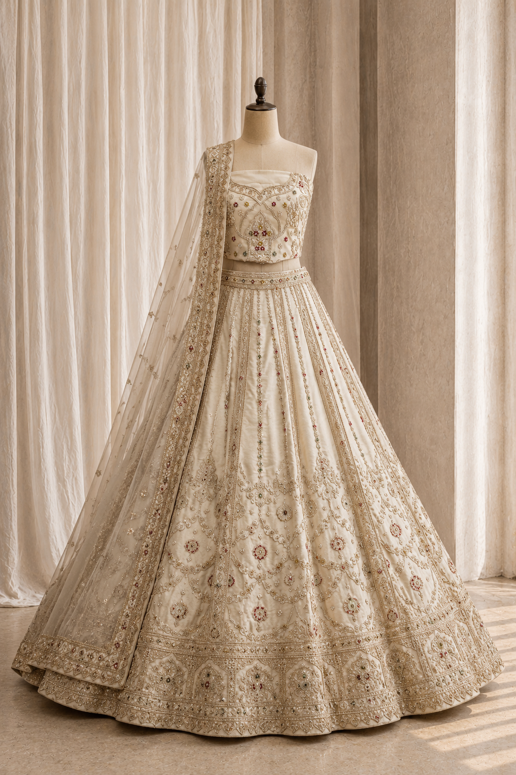 Magnificent Zardozi Work Ivory Color Dupion Silk Fabric Lehenga Choli
