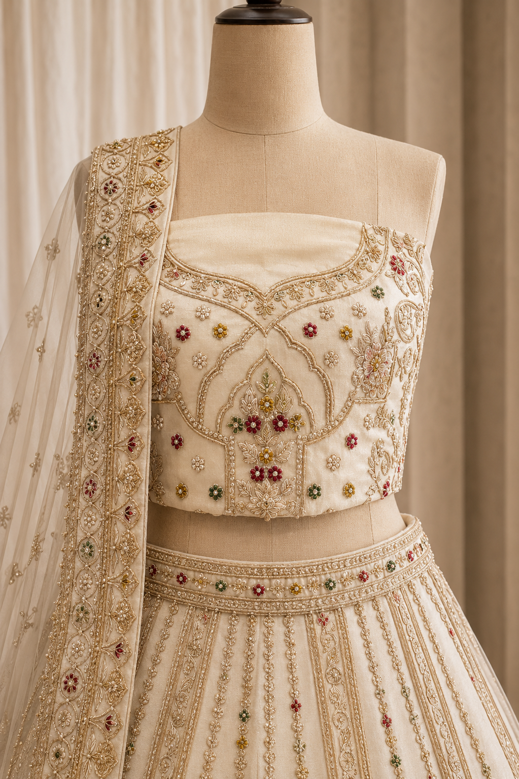 Magnificent Zardozi Work Ivory Color Dupion Silk Fabric Lehenga Choli