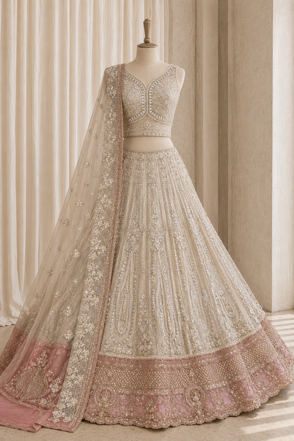 Elegant Cut Dana Work Ivory Color Net Fabric Lehenga Choli