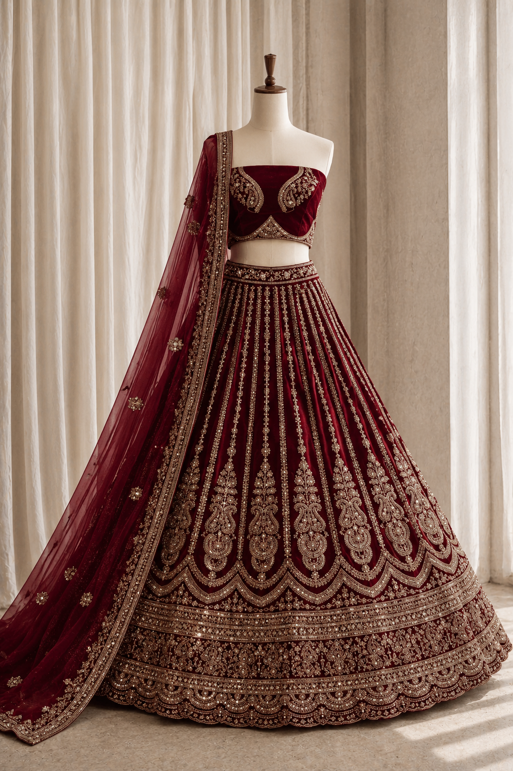 Likely Kasab Work Maroon Color Velvet Fabric Lehenga Choli