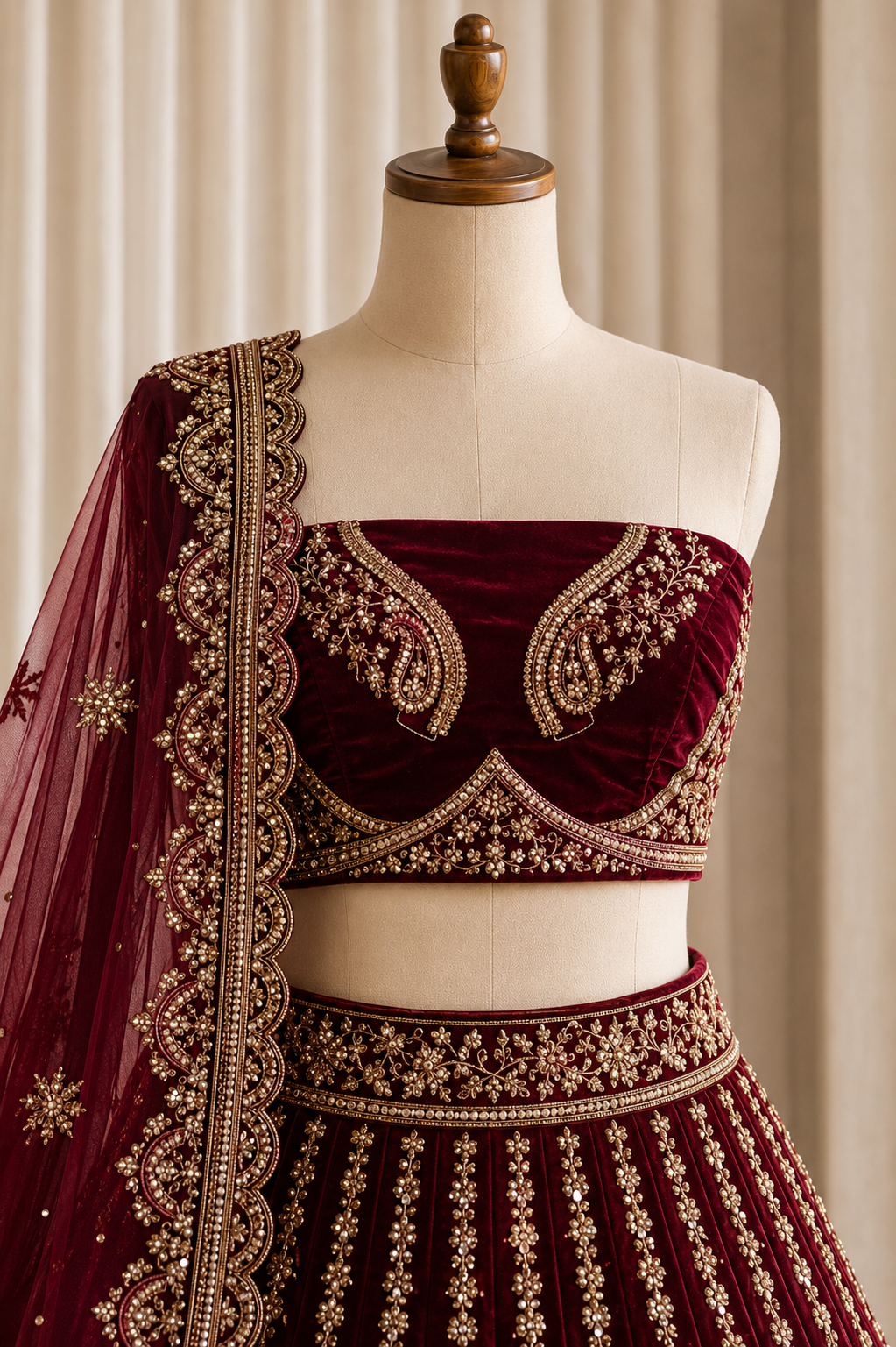 Likely Kasab Work Maroon Color Velvet Fabric Lehenga Choli