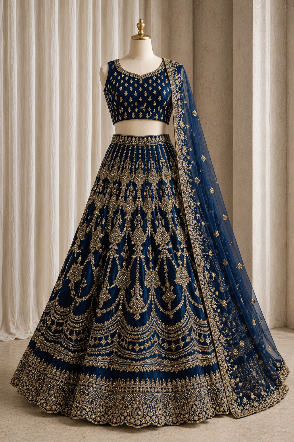 Perfect Zardozi Work Royal Blue Color Velvet Fabric Lehenga Choli