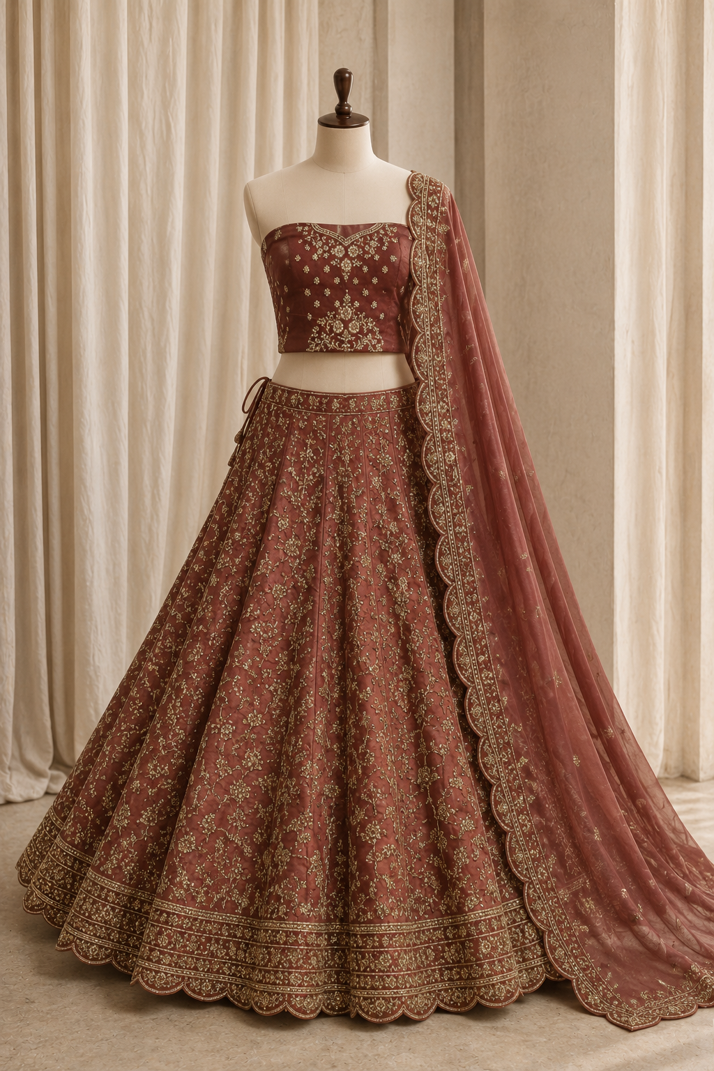 Gorgeous Zardozi Work Rose Gold Color Jimmy Choo Silk Fabric Lehenga Choli