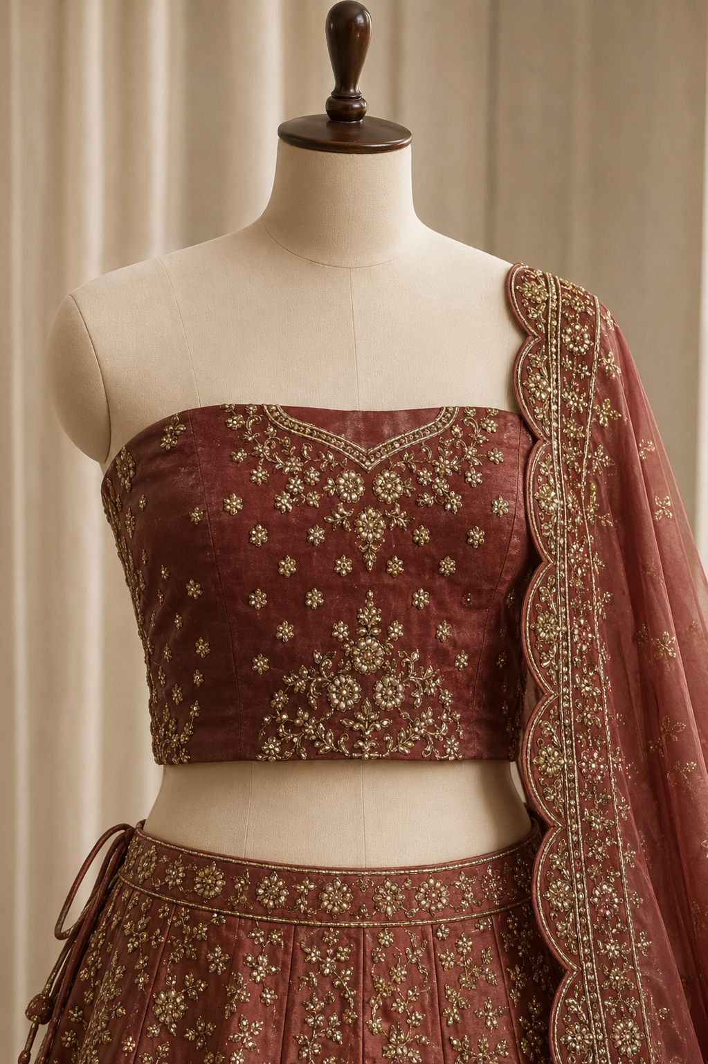 Gorgeous Zardozi Work Rose Gold Color Jimmy Choo Silk Fabric Lehenga Choli