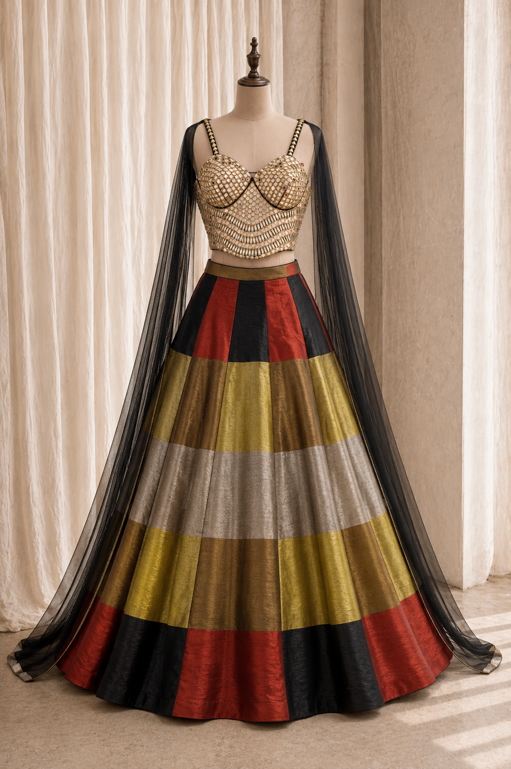 Fantastic Shimmer Silk Fabric and Black Gold Color Mirror Work Lehenga Choli