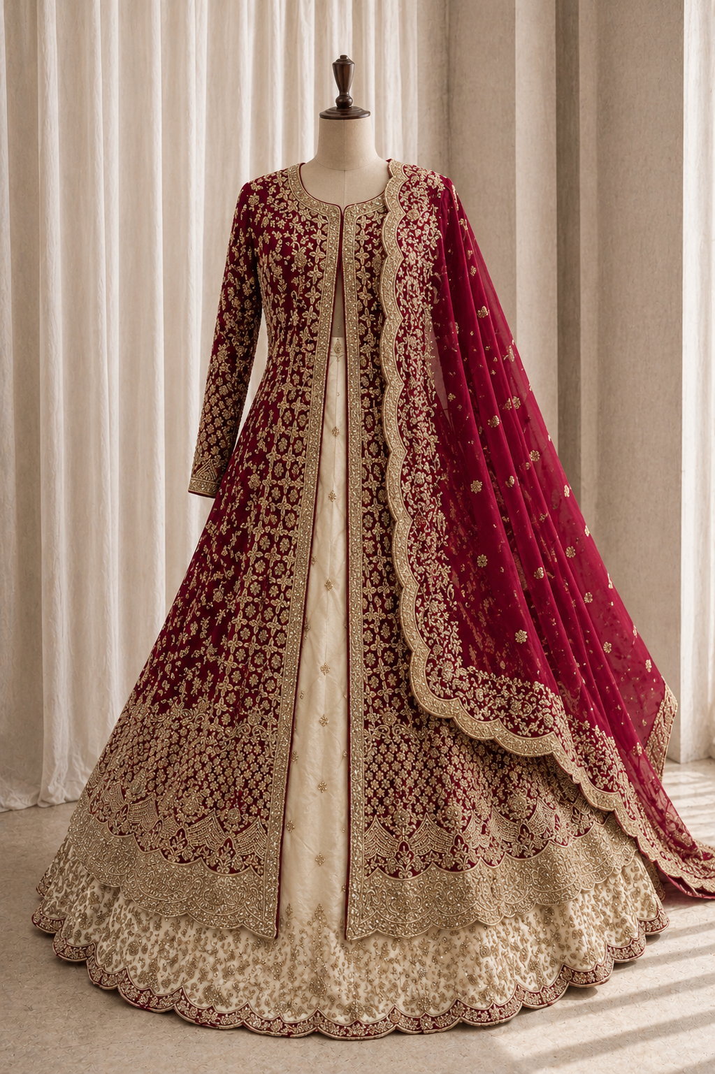 Attractive Georgette Fabric and Maroon and Beige Color Zardozi Work Indo-Western