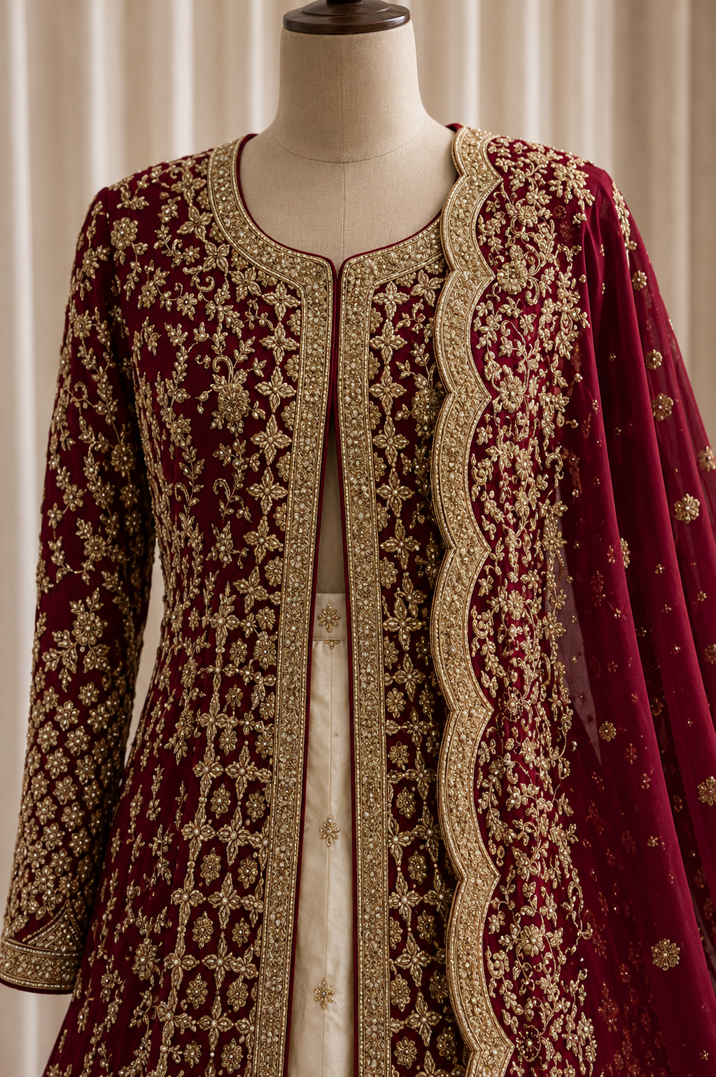 Attractive Georgette Fabric and Maroon and Beige Color Zardozi Work Indo-Western