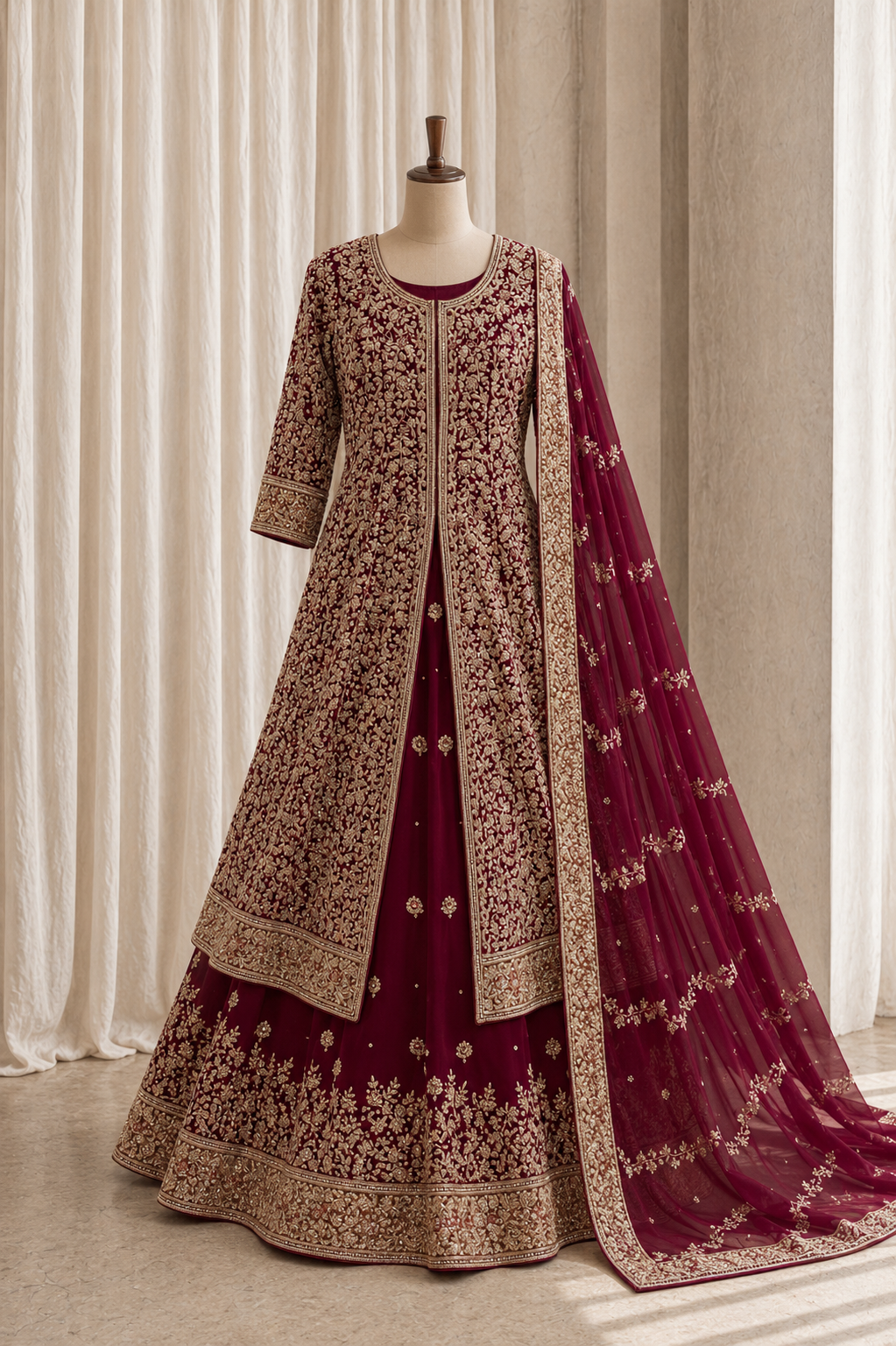 Excellent Georgette Fabric and Maroon Color Zardozi Work Indo-Western