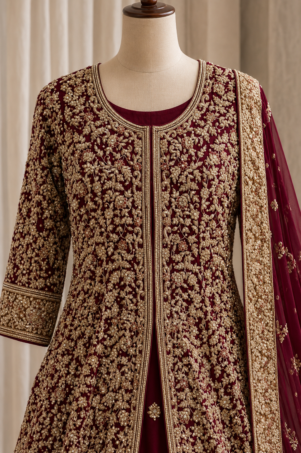 Excellent Georgette Fabric and Maroon Color Zardozi Work Indo-Western