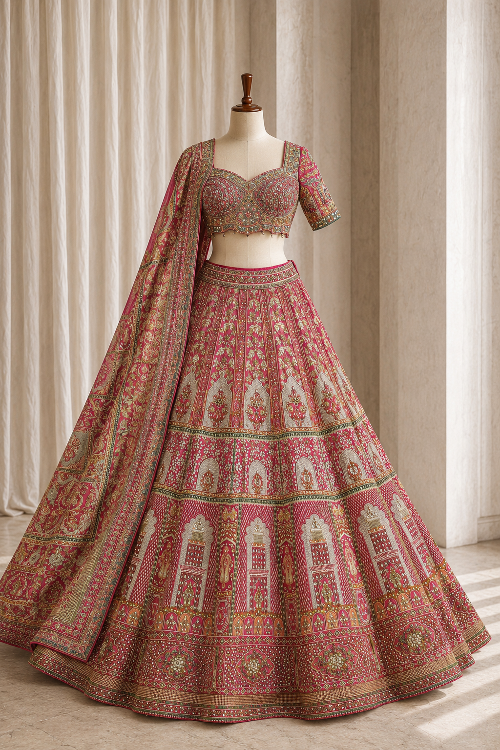 Magnificent Crepe Silk and Rani Color Swarovski  Work Lehenga Choli