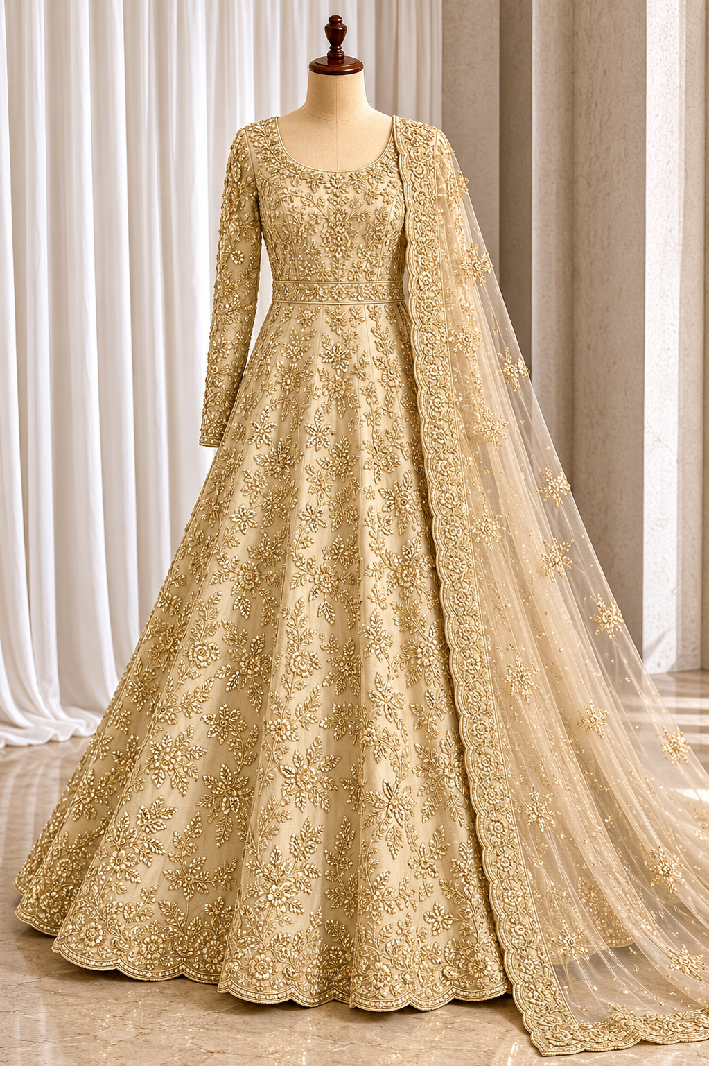 Awesome Jimmy Choo Silk and Gold Color Zardozi Work Bridal Gown