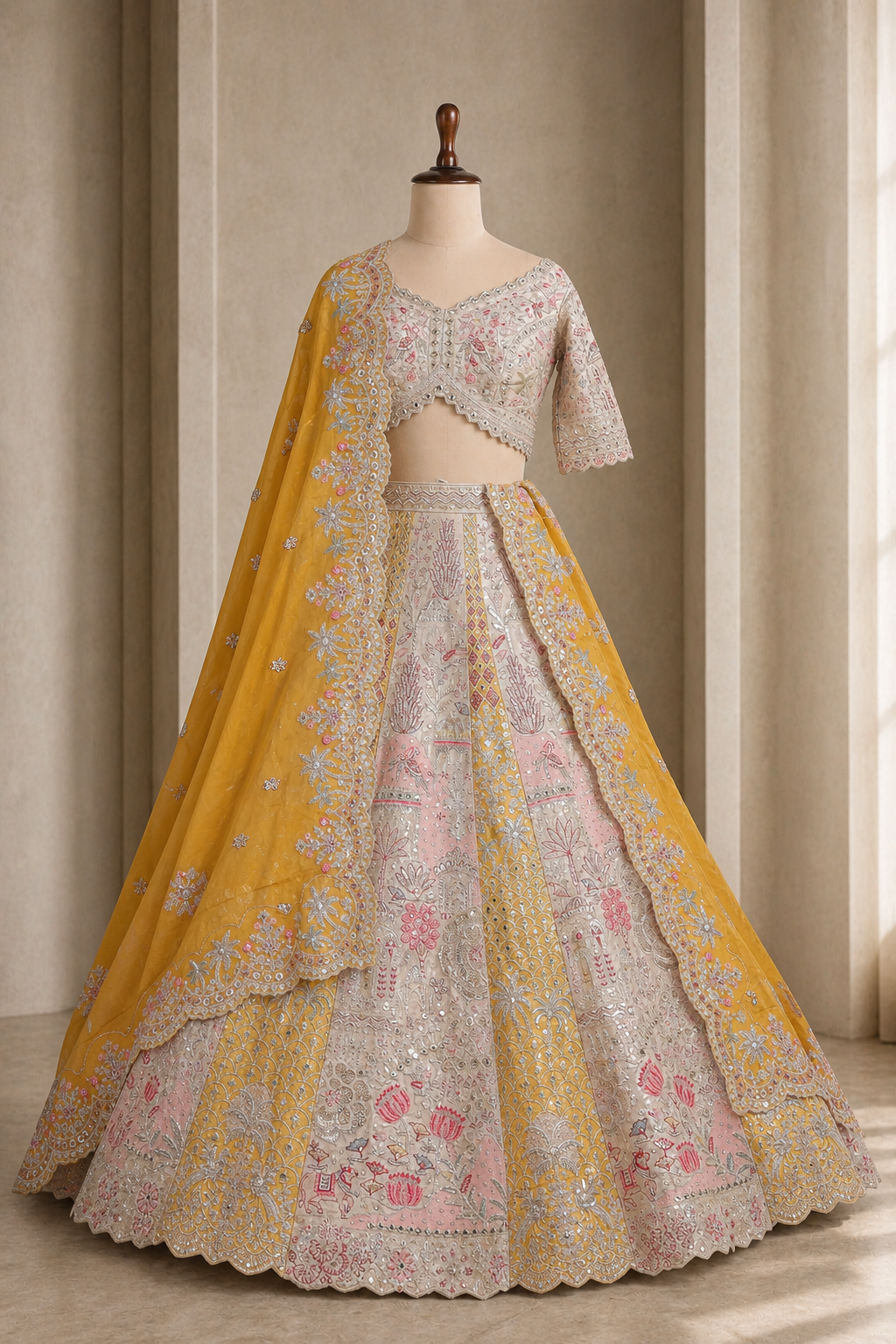 Incredible mustard-Beige Designer Lehenga choli with hand zari and sequins work