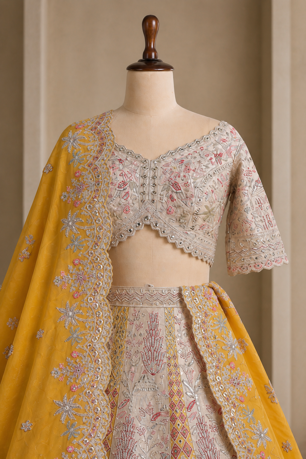 Incredible mustard-Beige Designer Lehenga choli with hand zari and sequins work