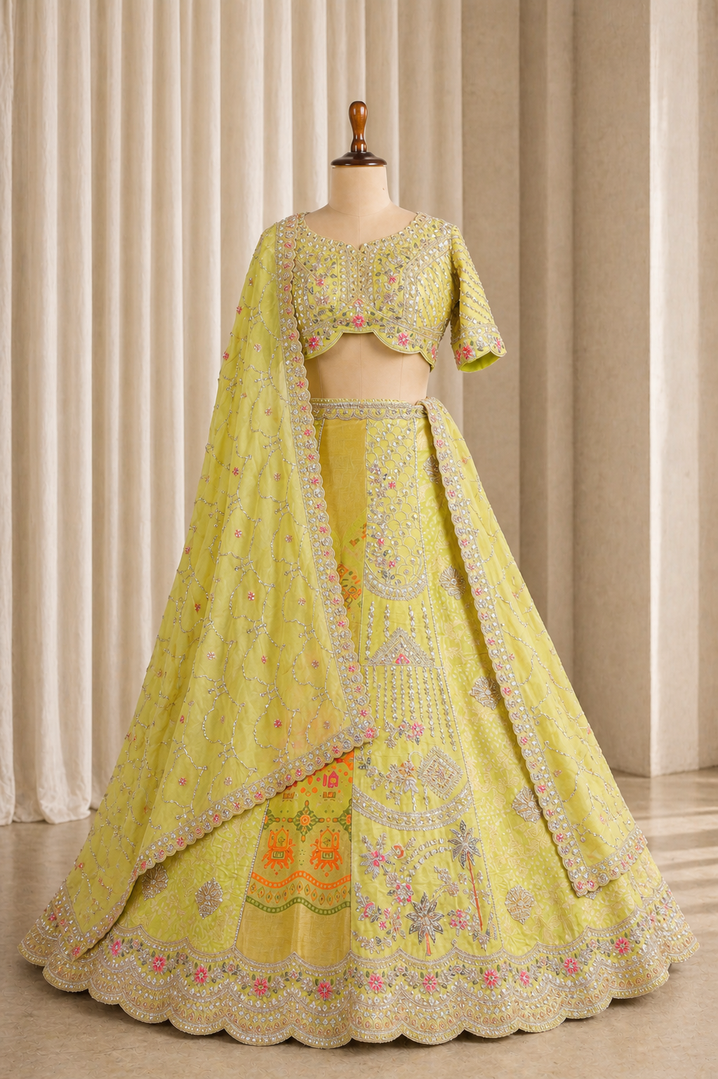 Traditional Yellow Lehenga Choli With weaving print and zari work