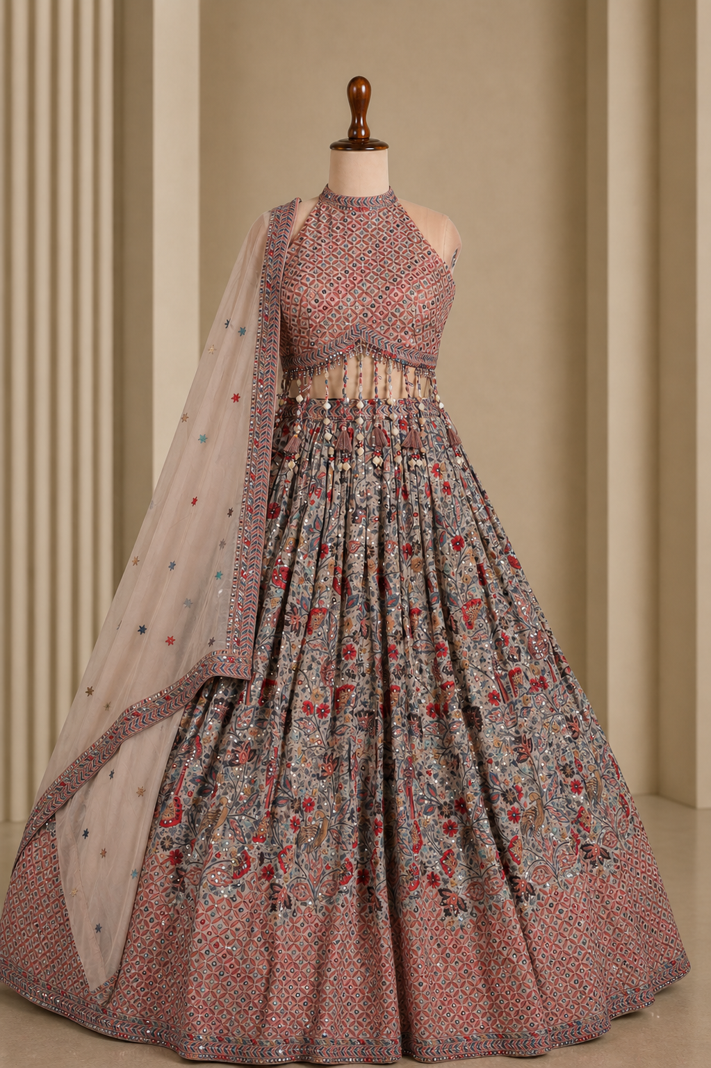 elegant Beige-Brown Designer Lehenga With Crew Neck Blouse