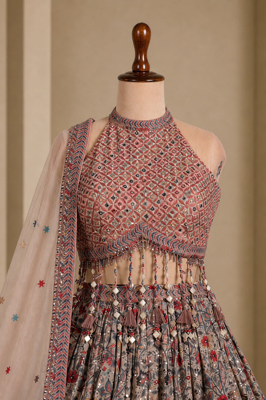 elegant Beige-Brown Designer Lehenga With Crew Neck Blouse