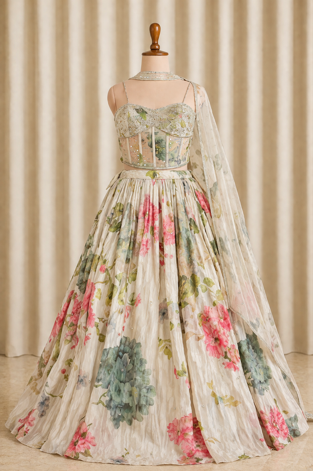Amazing Beige-Multi-Colored printed Lehenga Choli With Designer Corset