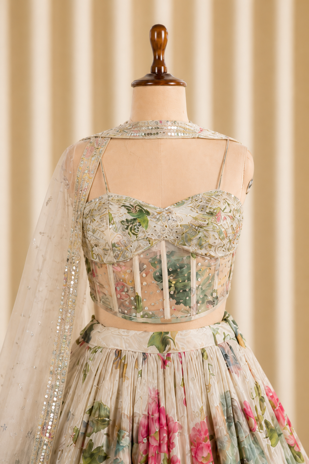 Amazing Beige-Multi-Colored printed Lehenga Choli With Designer Corset