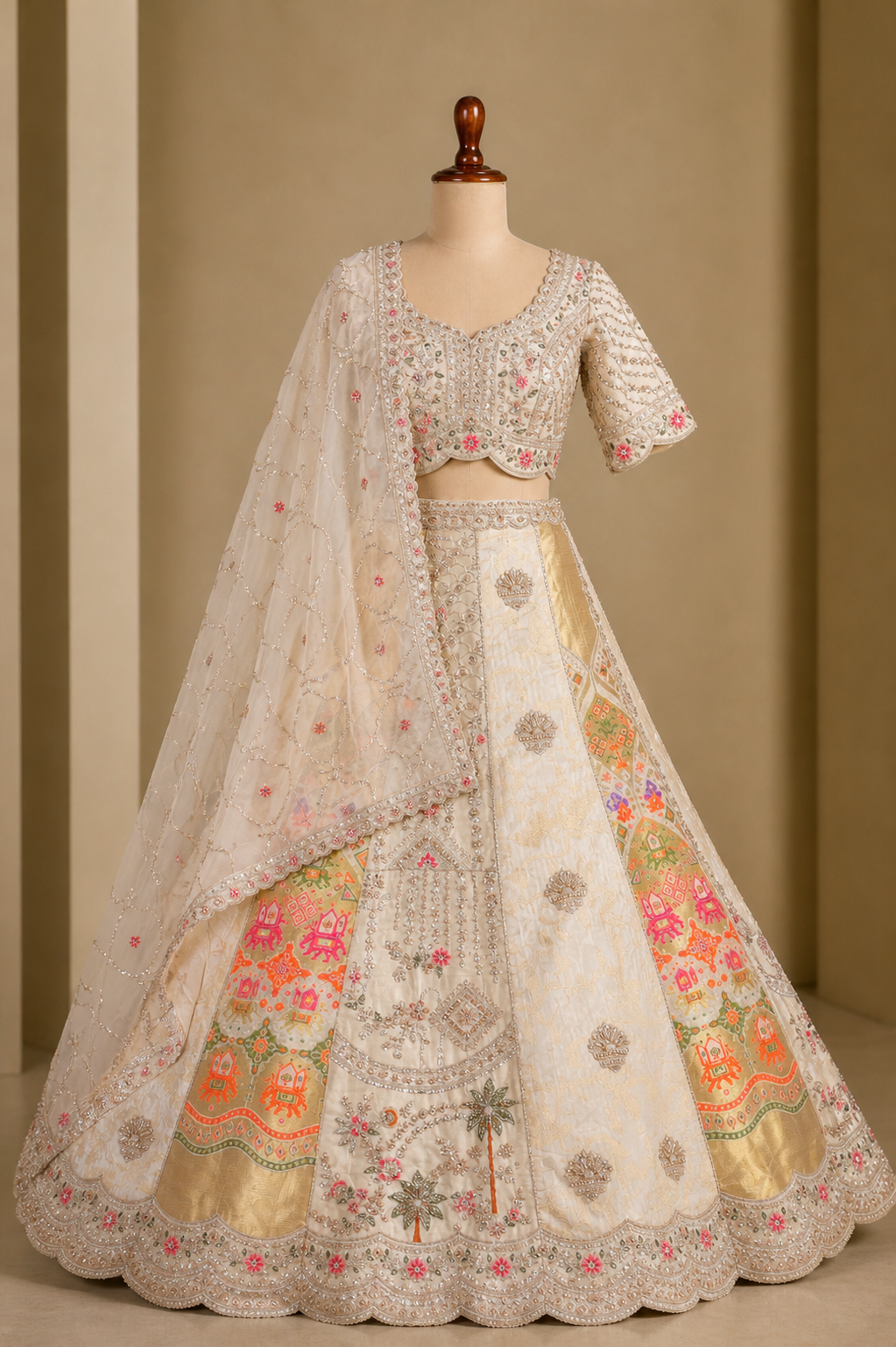 Beige Silk Embroidered And Weaving Print Lehenga Choli