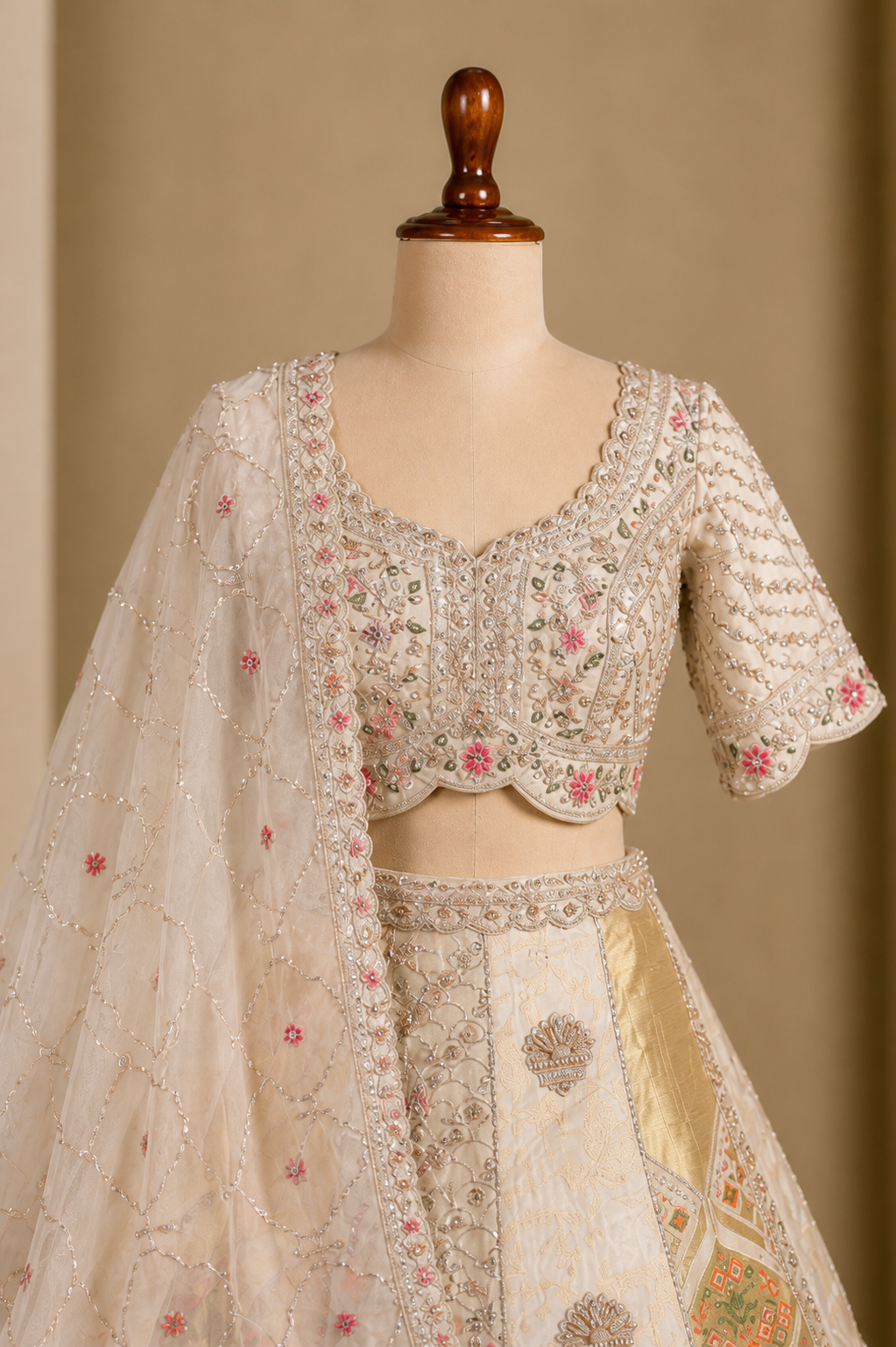 Beige Silk Embroidered And Weaving Print Lehenga Choli