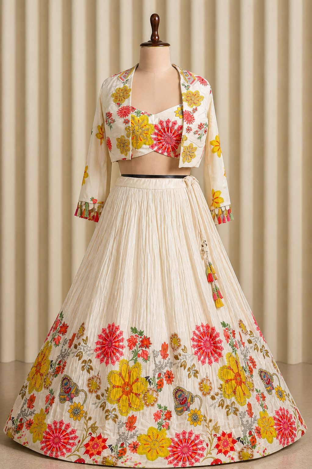 Gorgeous Beige-Multicolor Floral Embroidered Lehenga With Short Jacket