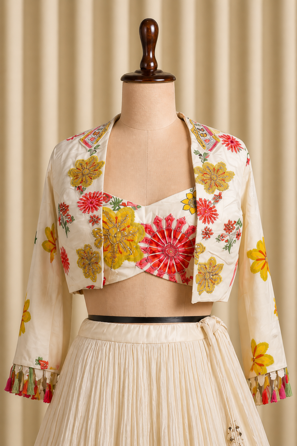 Gorgeous Beige-Multicolor Floral Embroidered Lehenga With Short Jacket