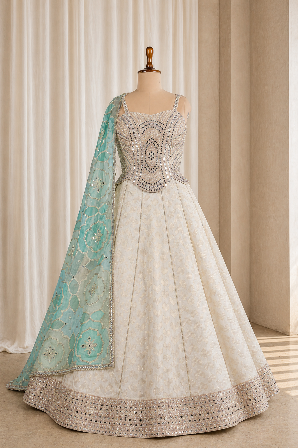 Brilliant Corset Stye Beige Lehenga Choli With Mirror Work And Contrasted Dupatta