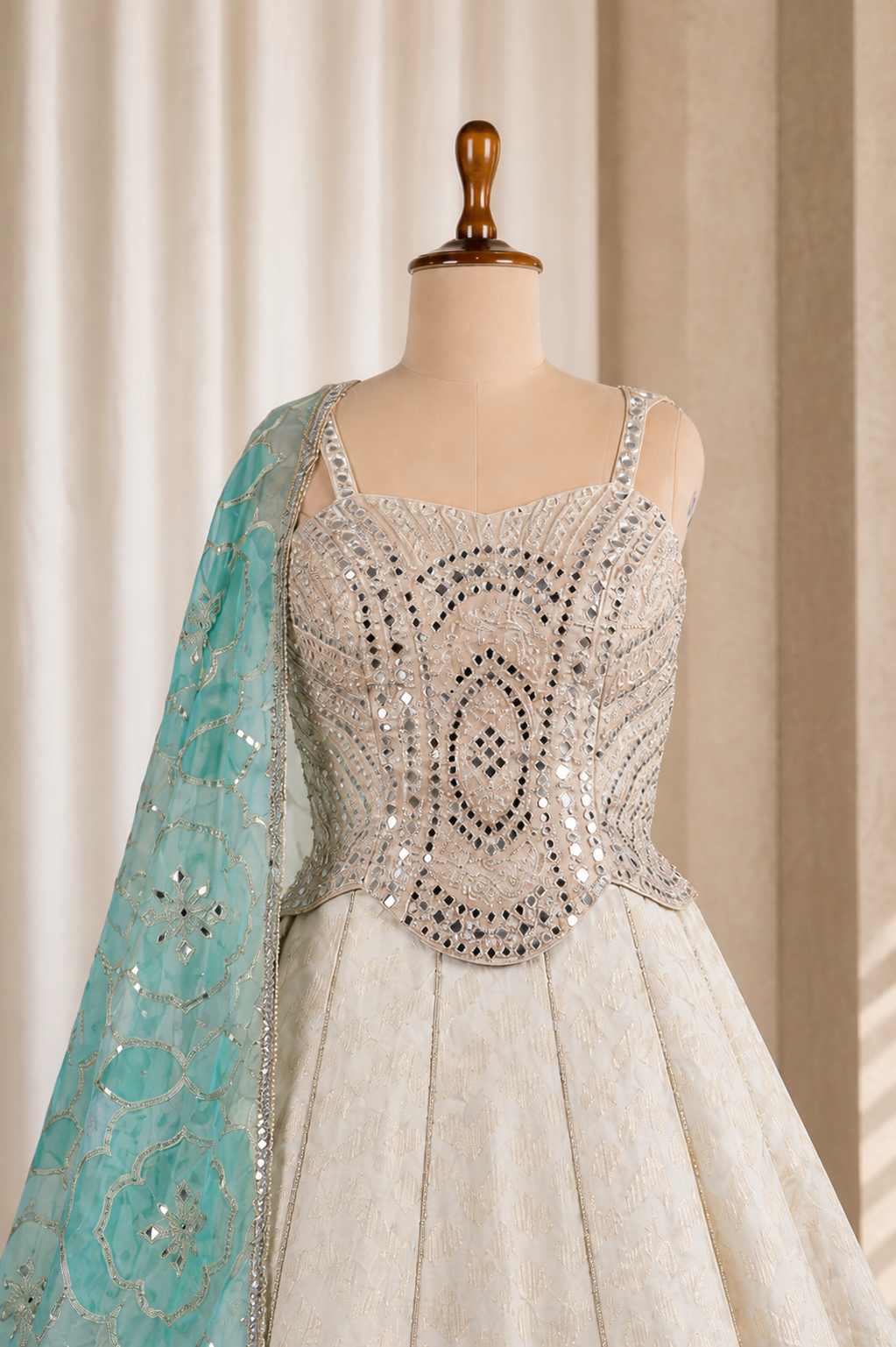 Brilliant Corset Stye Beige Lehenga Choli With Mirror Work And Contrasted Dupatta