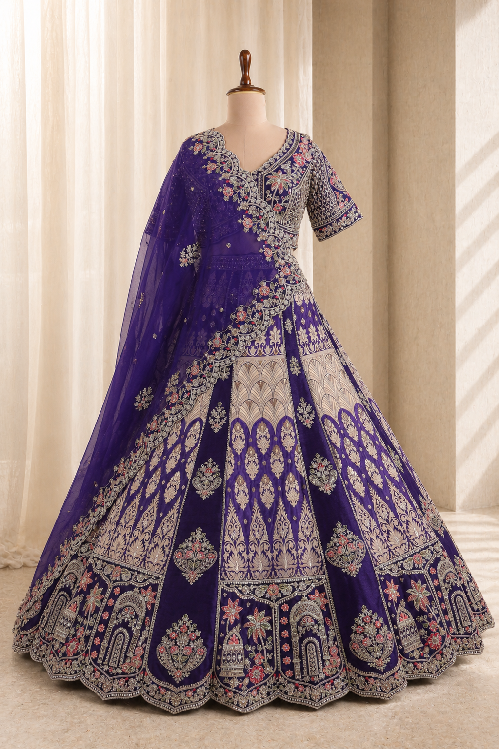 Elegant Purple-Multi-Colored Lehenga With Banarasi Weaving Print