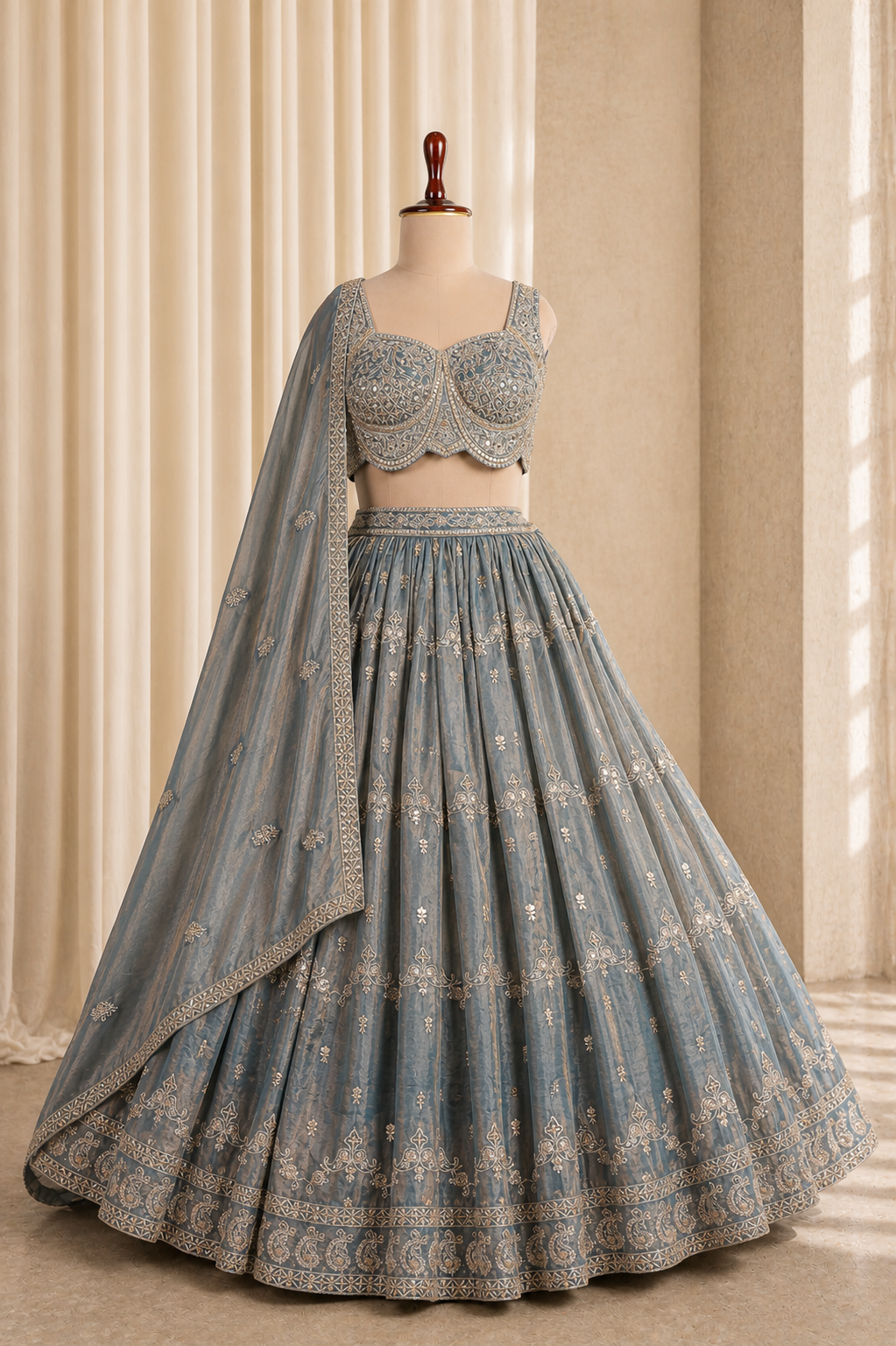 elegant Aqua Blue Shimmer Silk Lehenga Choli With Mirror Work