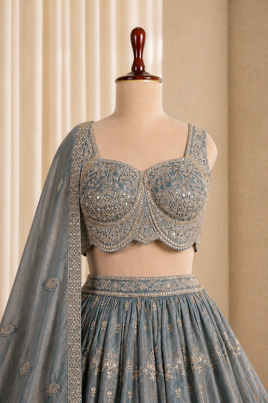 elegant Aqua Blue Shimmer Silk Lehenga Choli With Mirror Work
