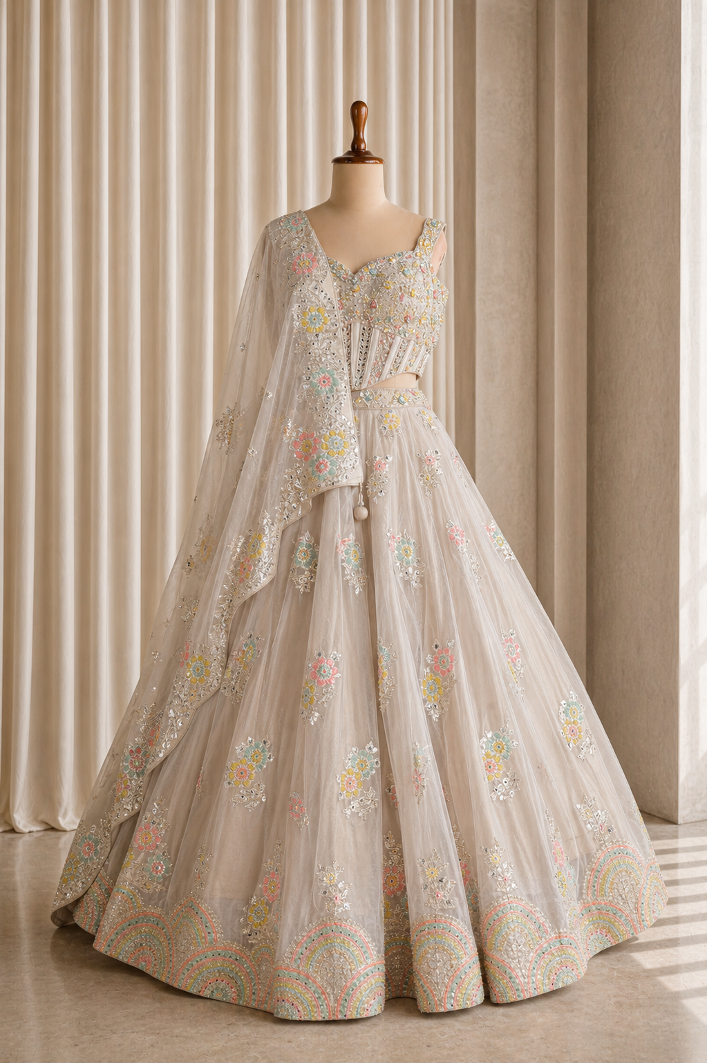 Lively Beige Color Shimmer Silk Lehenga With Short Corset Blouse