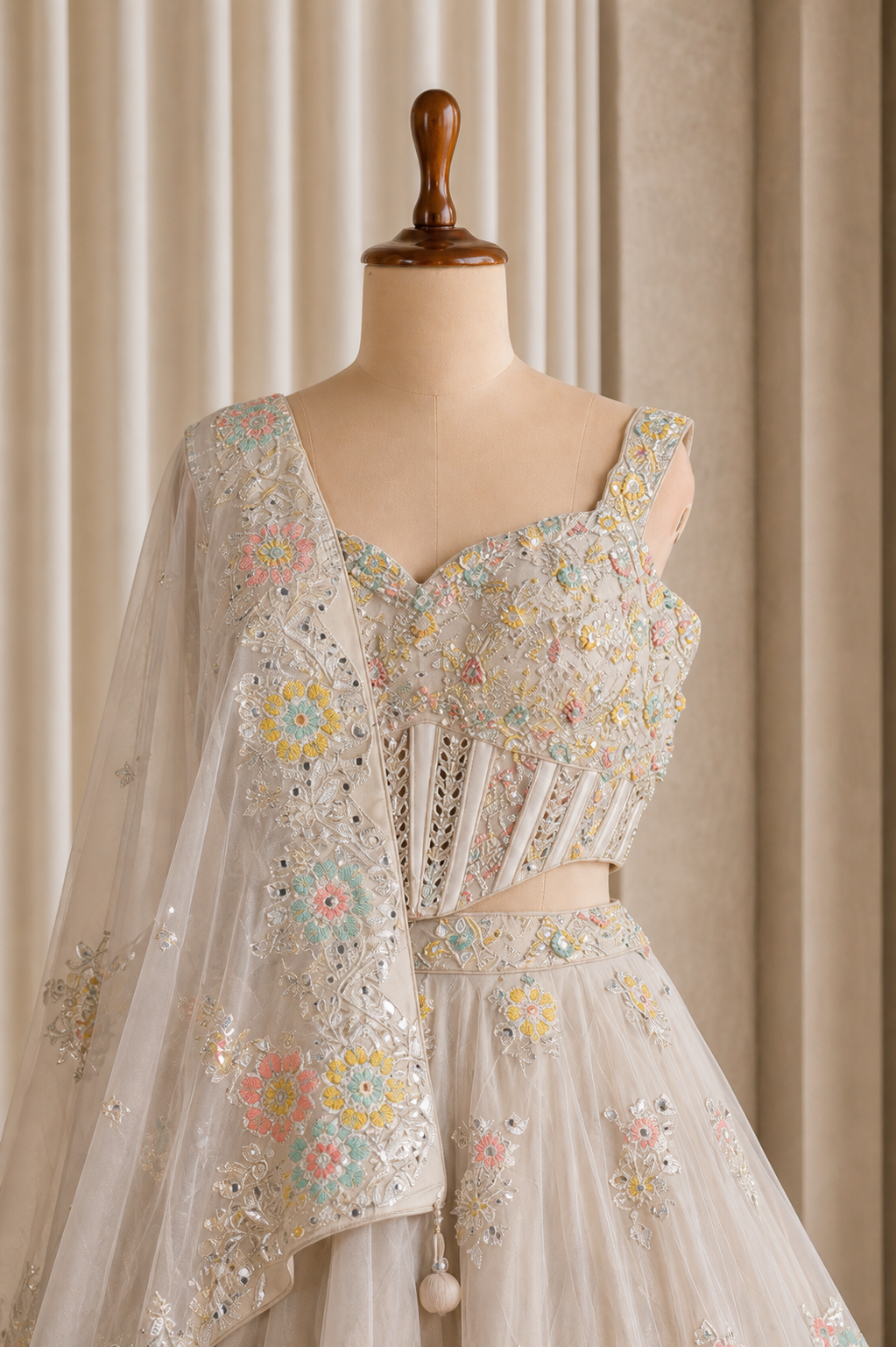 Lively Beige Color Shimmer Silk Lehenga With Short Corset Blouse