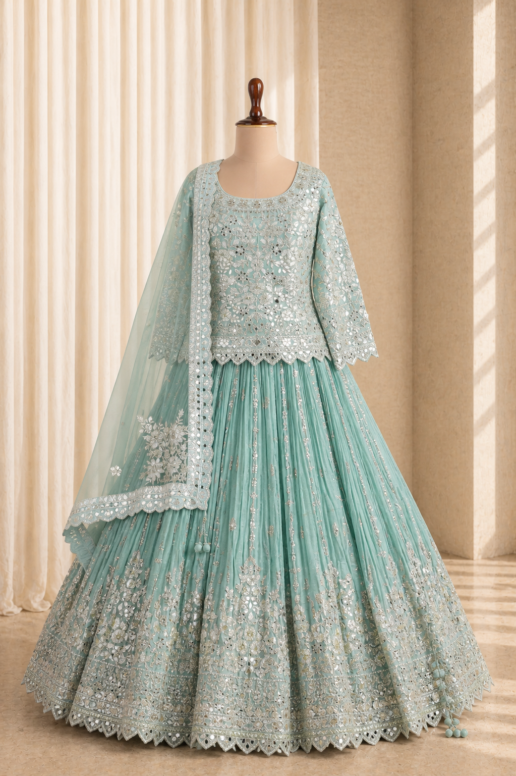 Stunning Long Choli Style Mint Green Lehenga With Mirror Work
