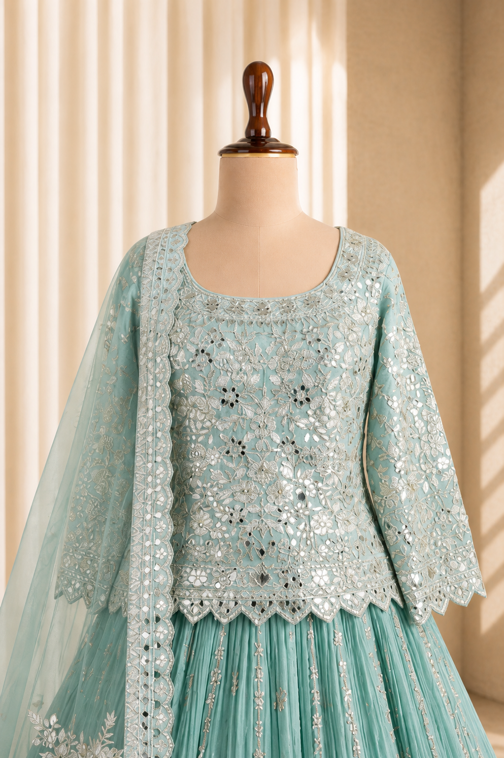 Stunning Long Choli Style Mint Green Lehenga With Mirror Work