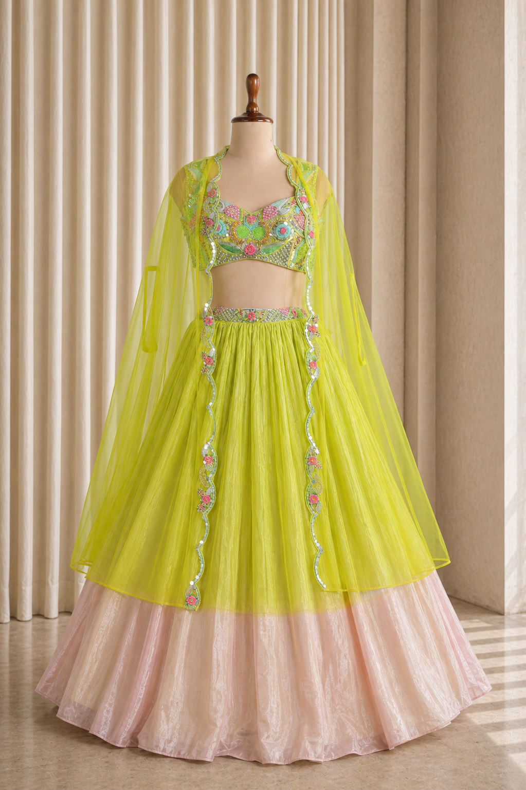 Designer Green-Peach Lehenga With Shrug Style Dupatta