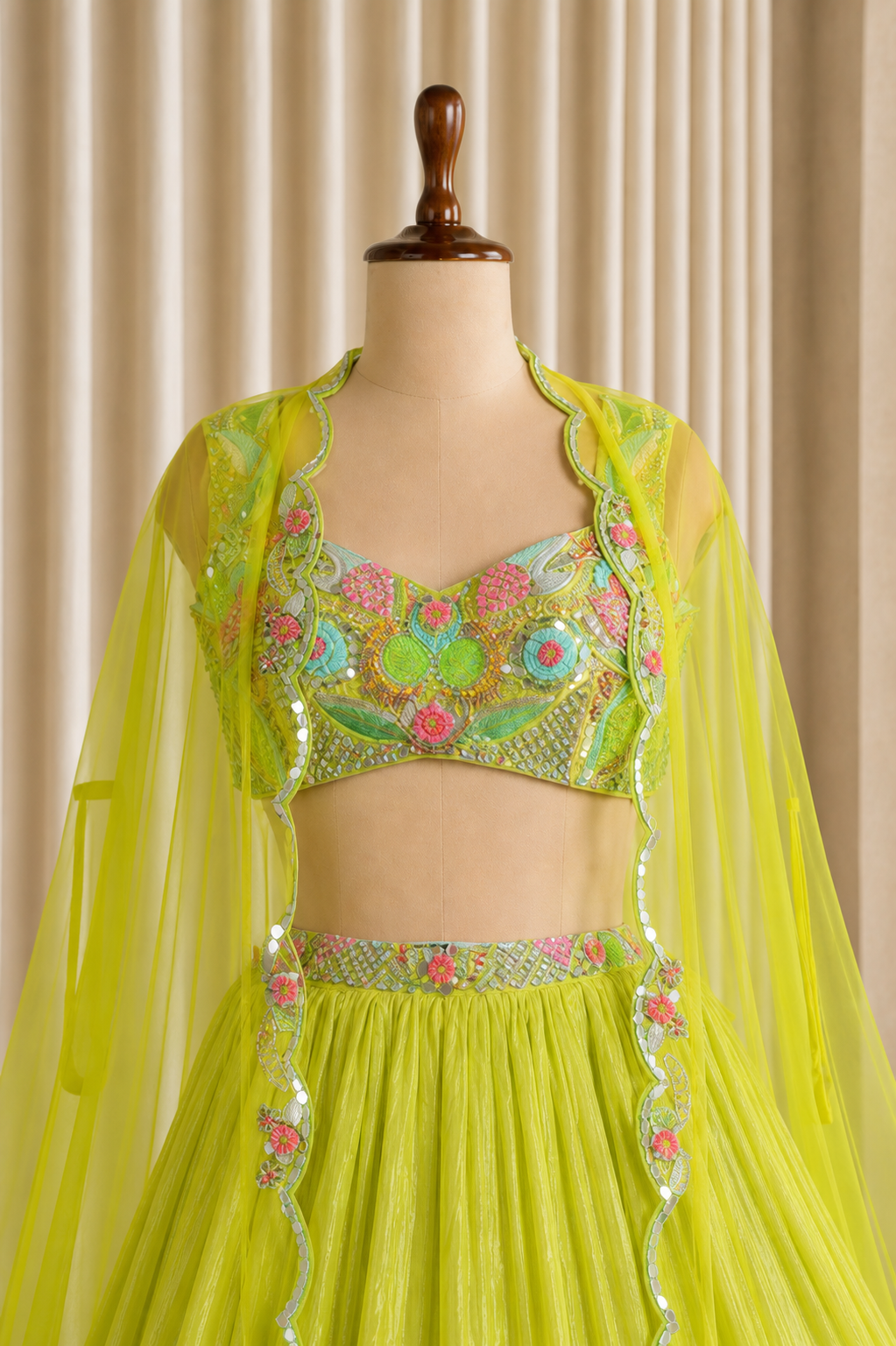 Designer Green-Peach Lehenga With Shrug Style Dupatta