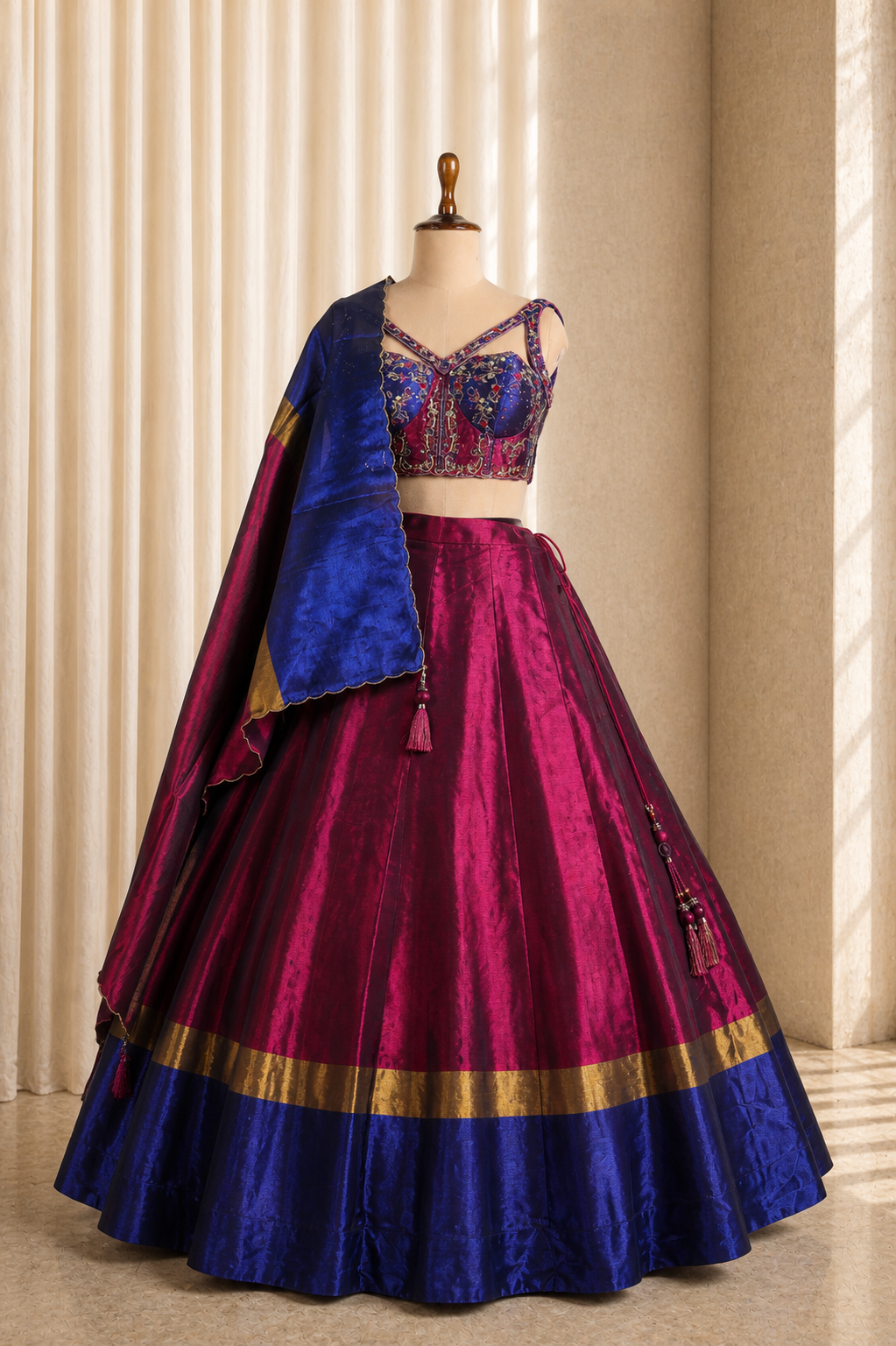 Dashing Short Corset Style Red-Blue Lehenga Choli on Silk